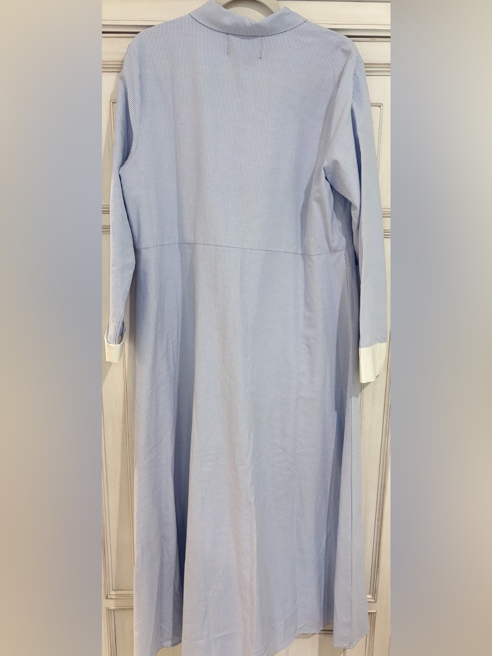 NWT SZ L Aleeza Paris Amazing Light Blue Pinstripe Maxi Dress w/Contrast Cuffs - Picture 2 of 8